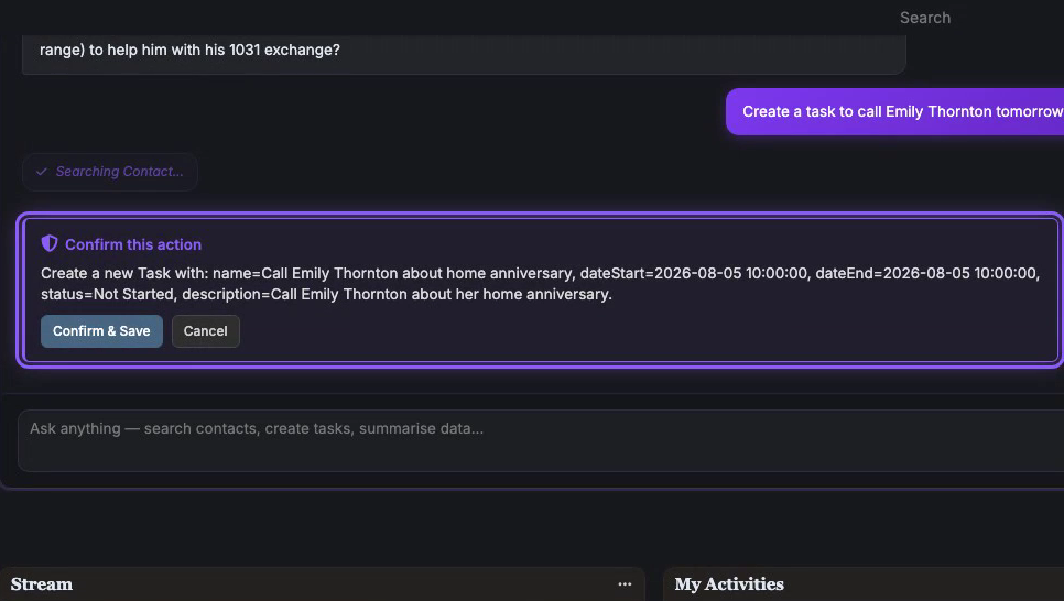 Confirm-before-save prompt for an AI-proposed action