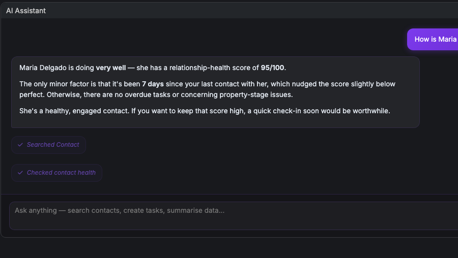 AI assistant reporting a contact's relationship-health score with a plain-English reason